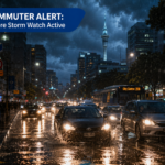 A realistic, high-quality photograph summarizing the 'commuter hazard' and 'upper North Island' context, optimized for search engines and blog links. A professional, dramatic documentary photograph capturing a busy evening commute in downtown Auckland under a heavy storm. Rain is sheeting down, creating reflections on the slick asphalt of Queen Street. The scene is slightly dark but illuminated by warm car headlights and city lights, contrasting with the cold, moody blue storm clouds filling the sky and blurring the Sky Tower in the distance. The view is focused on traffic moving slowly through visible surface pooling water. A subtle, transparent blue banner overlay across the top left corner features clean white text: COMMUTER ALERT: Severe Storm Watch Active. The image is realistic, high-resolution, and slightly grainy to emphasize the raw atmosphere.