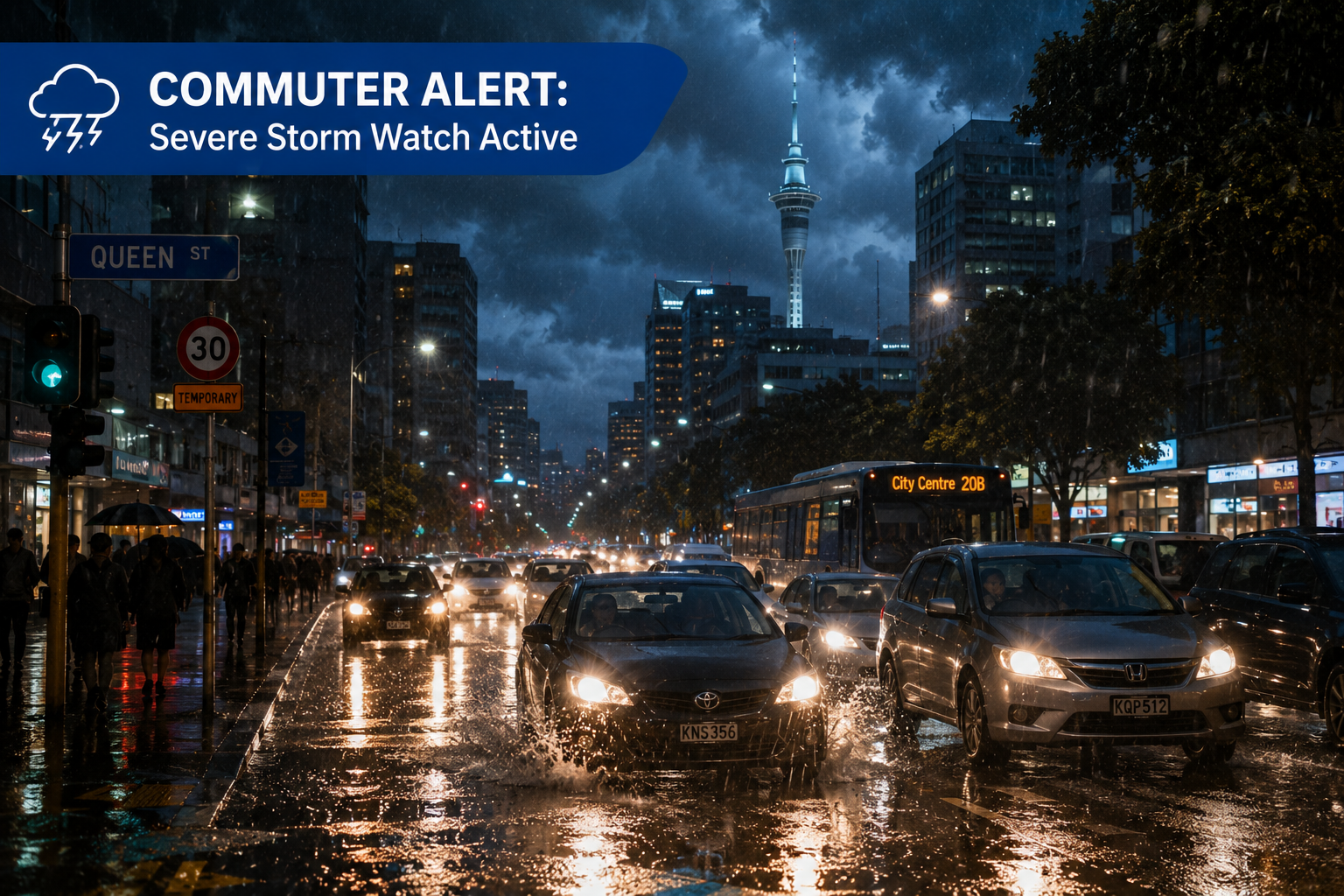 A realistic, high-quality photograph summarizing the 'commuter hazard' and 'upper North Island' context, optimized for search engines and blog links. A professional, dramatic documentary photograph capturing a busy evening commute in downtown Auckland under a heavy storm. Rain is sheeting down, creating reflections on the slick asphalt of Queen Street. The scene is slightly dark but illuminated by warm car headlights and city lights, contrasting with the cold, moody blue storm clouds filling the sky and blurring the Sky Tower in the distance. The view is focused on traffic moving slowly through visible surface pooling water. A subtle, transparent blue banner overlay across the top left corner features clean white text: COMMUTER ALERT: Severe Storm Watch Active. The image is realistic, high-resolution, and slightly grainy to emphasize the raw atmosphere.