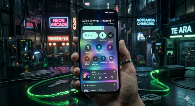 A modern smartphone screen showcasing the new translucent frosted glass quick settings panel of Android 17, soft colorful ambient wallpaper glowing through, hyper-detailed tech photography.