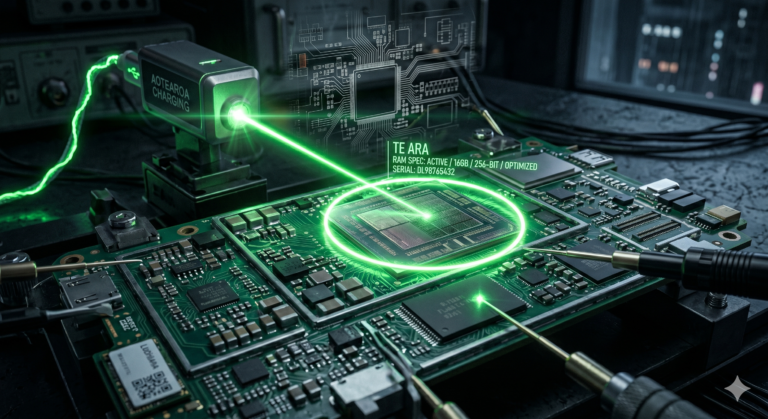 "A dramatic, tech-focused close-up of a smartphone circuit board, a glowing laser highlighting a silicon RAM chip, dark industrial background with faint translucent schematics, professional hardware journalism style, 8k resolution."