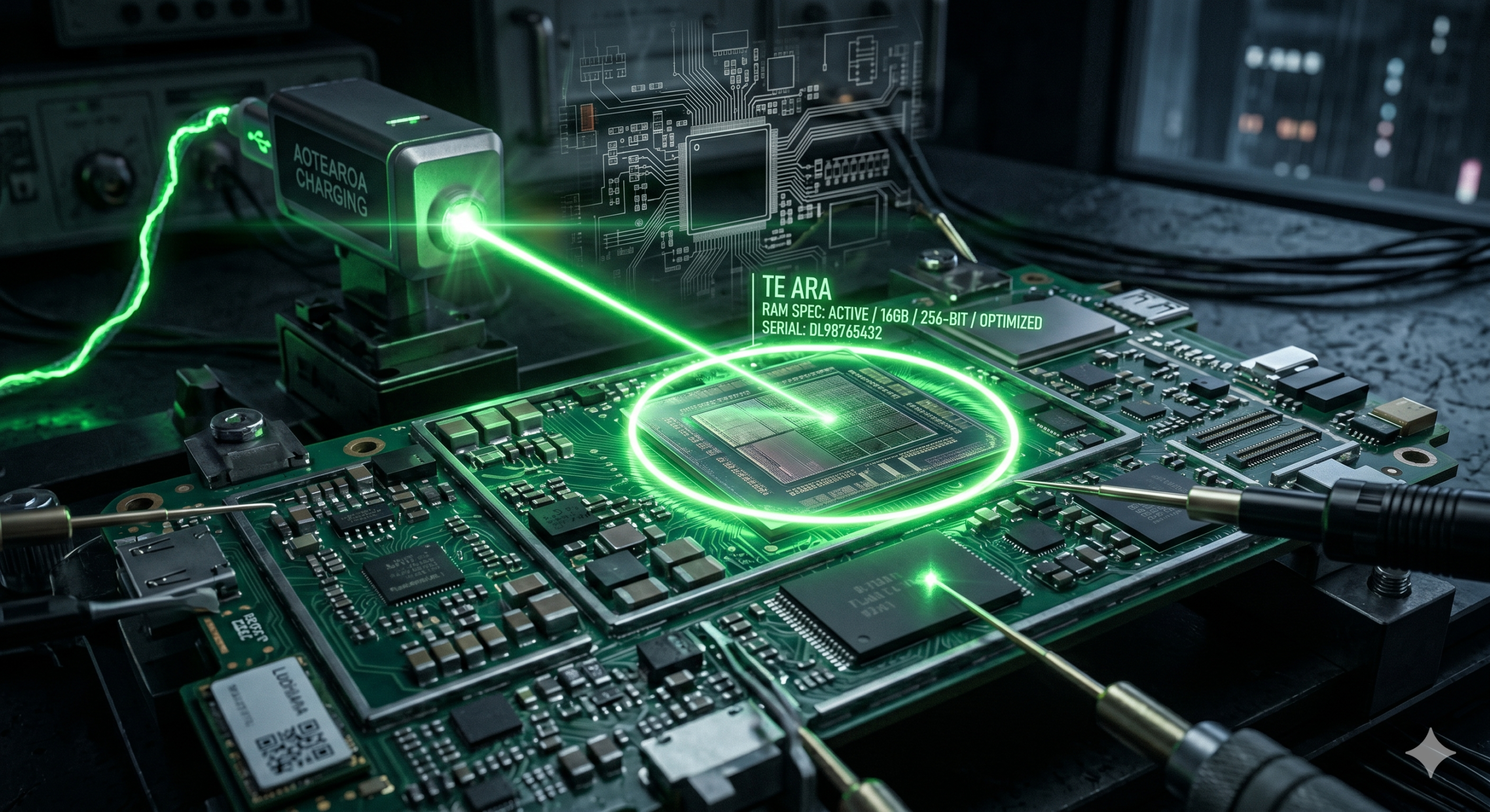 "A dramatic, tech-focused close-up of a smartphone circuit board, a glowing laser highlighting a silicon RAM chip, dark industrial background with faint translucent schematics, professional hardware journalism style, 8k resolution."
