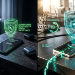 "A split screen layout tech concept; the left side shows a smartphone slowly charging on a dark wooden nightstand under soft moonlight, the right side shows a phone blasting with energy from a fast charger in bright morning sunlight, hyper-realistic, tech-journalism style, 8k resolution."