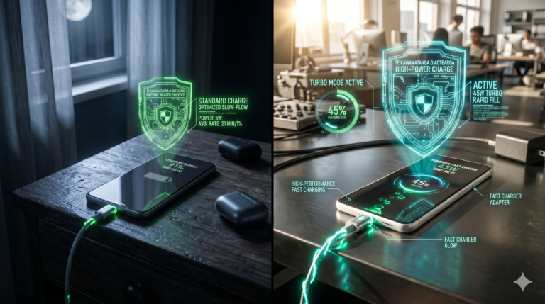 "A split screen layout tech concept; the left side shows a smartphone slowly charging on a dark wooden nightstand under soft moonlight, the right side shows a phone blasting with energy from a fast charger in bright morning sunlight, hyper-realistic, tech-journalism style, 8k resolution."