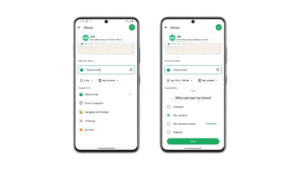 "A sleek, close-up shot of a modern Android smartphone screen displaying a beautifully redesigned chat app profile settings page with clean rounded white cards on a dark mode background, professional tech review photography style, 8k resolution."