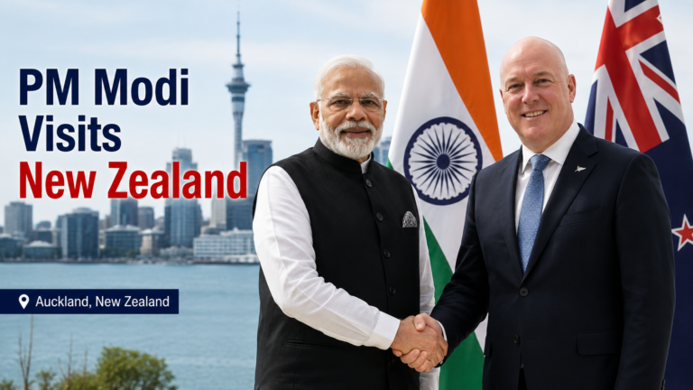 Indian Prime Minister Narendra Modi shaking hands with New Zealand Prime Minister Christopher Luxon in front of Indian and New Zealand flags, Auckland skyline in the background, modern diplomatic meeting, headline "PM Modi Visits New Zealand", professional news editorial style, ultra realistic, high contrast lighting, 1200x675 PM Modi Narendra Modi New Zealand India Trade Diplomacy Indians in NZ