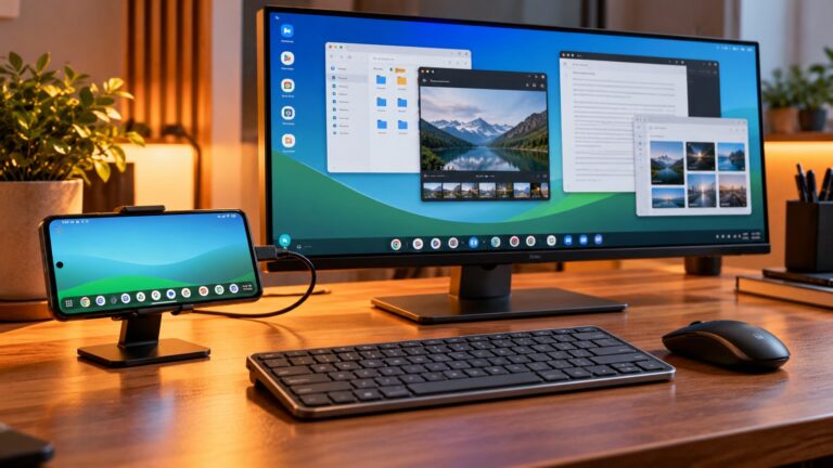Android phone on a stand connected to a monitor showing a desktop-style screen, with a keyboard and mouse on the desk